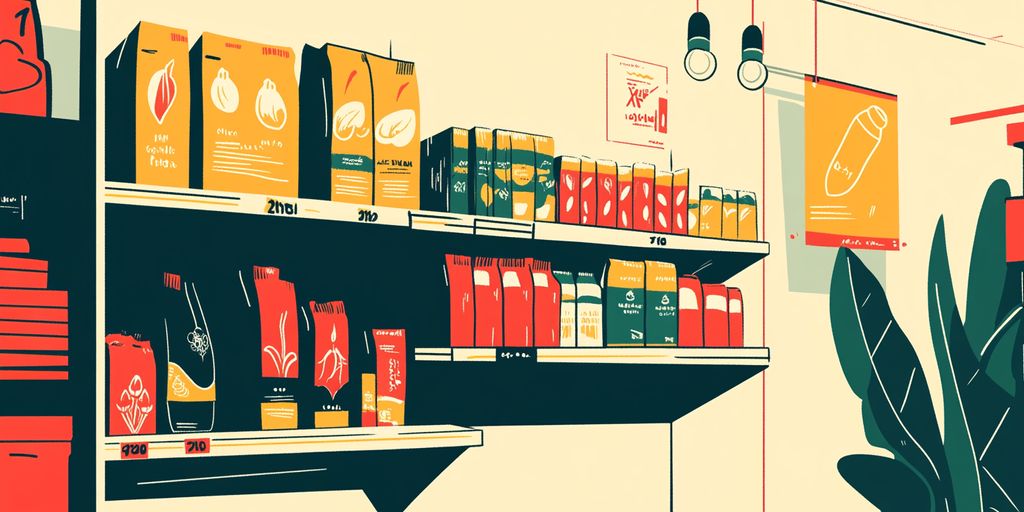 Shelves filled with colorful beverage cartons in a shop.