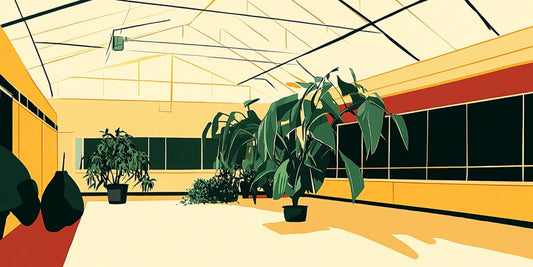Bright greenhouse interior with large potted plants and sunlight.