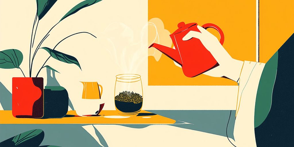 A scene featuring a hand pouring tea, plants, and colorful containers.