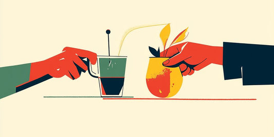Two hands exchanging drinks in a colorful, artistic illustration.