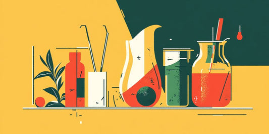 Colorful illustration of various drink containers and plants.