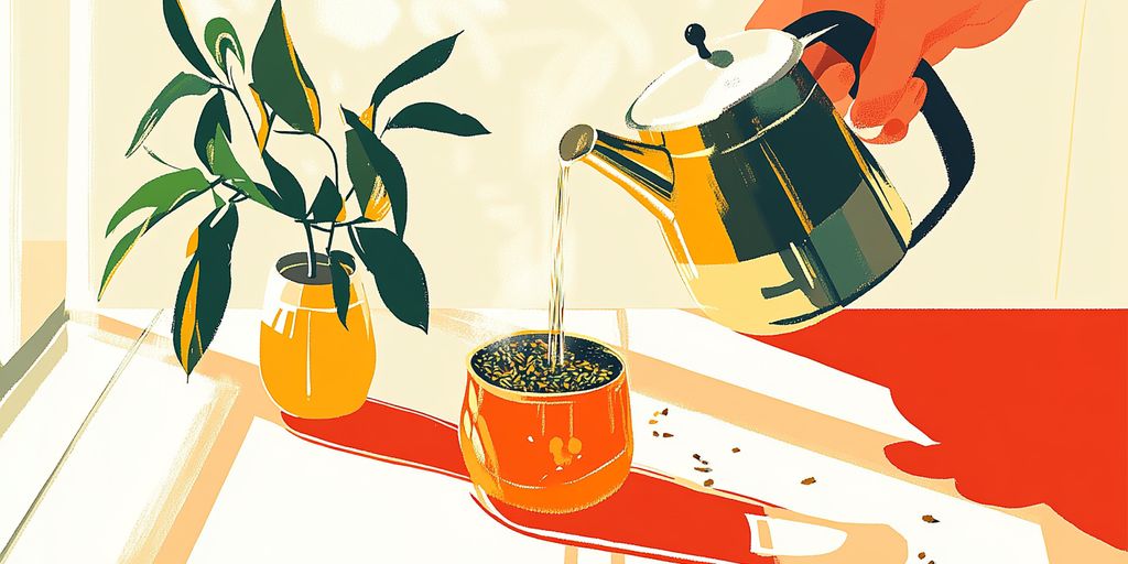 A hand pours tea from a kettle into a cup.