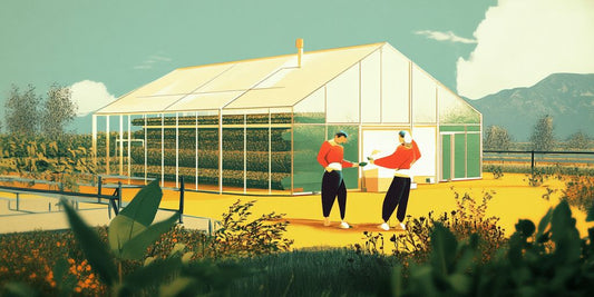Two individuals tending plants outside a modern greenhouse.