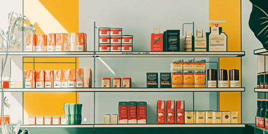 Brightly colored shelves displaying various packaged food products.
