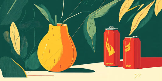 Colorful illustration featuring a vase and two drink cans.