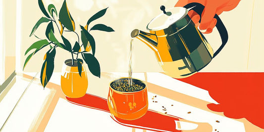 A hand pours tea from a kettle into a cup.