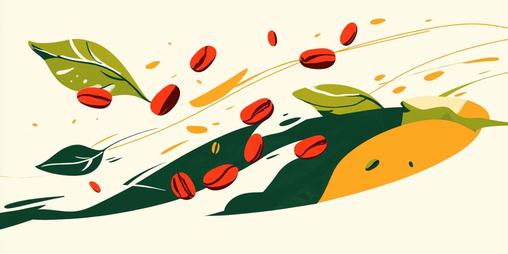 Colorful coffee beans and leaves swirling around an orange.