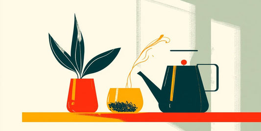 A minimalist scene featuring a kettle, plants, and a teacup.