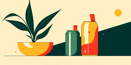 Stylized illustration featuring a plant and colorful beverage cans.
