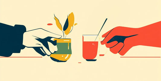 Two hands exchanging a plant and a drink, colorful design.