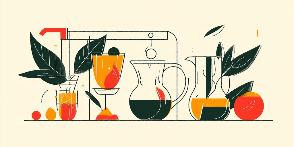 Colorful illustration of drinks, leaves, and fruit on a surface.