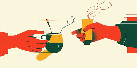 Two hands exchanging drinks, with steam rising from cups.