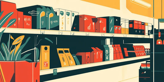 A colorful shelf filled with various product packages and plants.