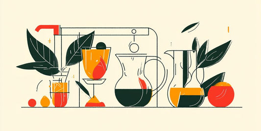 Colorful illustration of drinks, leaves, and fruit on a surface.