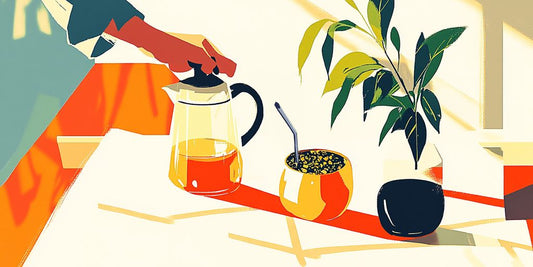 A bright scene featuring a teapot, plants, and warm colors.