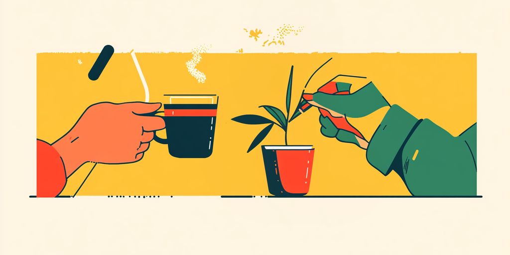 Two hands interacting with coffee and a potted plant.