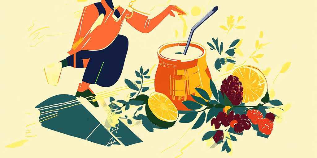 Colorful illustration of a person with a drink and fruits.