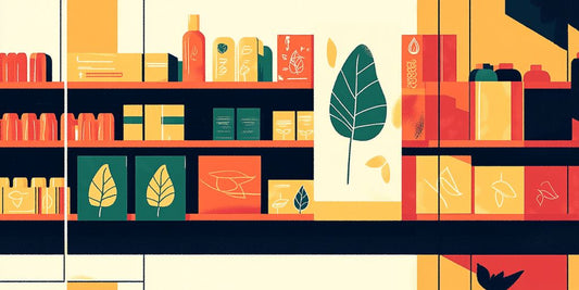 Colorful shelves displaying various packaged products and green designs.