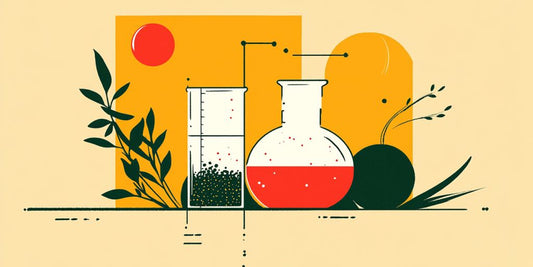 Colorful illustration featuring scientific glassware and botanical elements.