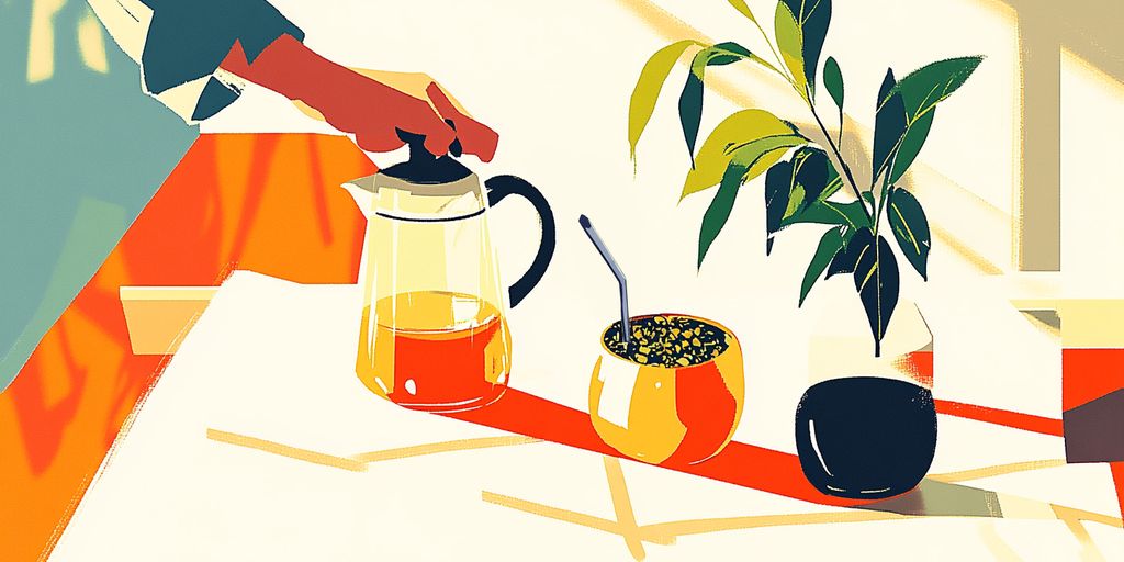 A bright scene featuring a teapot, plants, and warm colors.