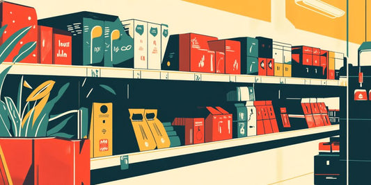 Shelves lined with colorful product packaging in a store.