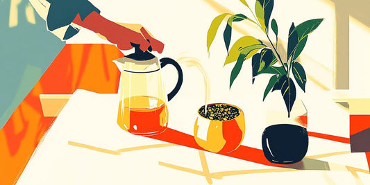 A hand pours tea next to plants on a vibrant table.