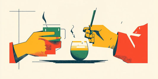 Two hands holding drinks, with steam and a stirrer present.