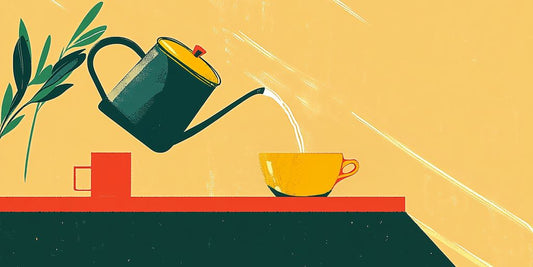 A teapot pouring tea into a yellow cup on a table.