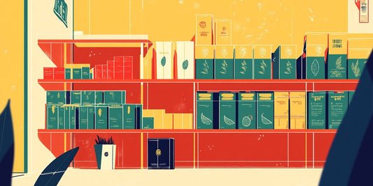 Colorful shelves filled with assorted packaged products in a store.