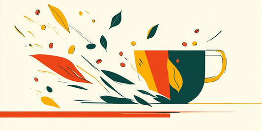 Colorful coffee cup surrounded by abstract leaves and coffee beans.