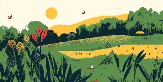 Lush landscape with hills, sun, flowers, and a serene atmosphere.