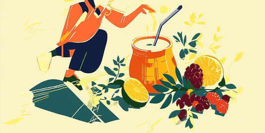 Colorful illustration of a person with a drink and fruits.